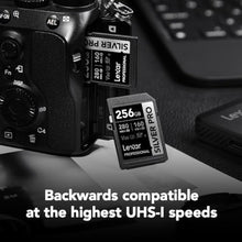 Load image into Gallery viewer, Lexar 256GB Silver PRO SD Memory Card, 280MB/s Read, 4K, V60, U3, UHS-II, BlackSilver_65
