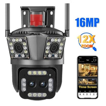 Load image into Gallery viewer, LNBBEQ 16MP 8K HD WiFi Camera Outdoor 12X Zoom Four Lens Three Screen Auto Tracking Security Protection 4K PTZ Video Surveillance CCTV(US Plug,8K 16MP Cam Add 64G), USPlug_1974

