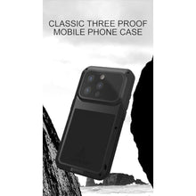 Load image into Gallery viewer, LOVE MEI for iPhone 15 Pro Metal Case, Outdoor Heavy Duty Rugged Full Body Protection Case Military Armor Bumper Aluminum Metal Dustproof Shockproof Case with Tempered Glass for iPhone 15 Pro (Black)_743
