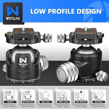 Load image into Gallery viewer, Low Profile Ball Head 52mm Tripod Head WEYLLAN DH52 Camera Head Mount, CNC Heavy Duty Ball Head with Two 1/4" Quick Release Plates, Panoramic Ballhead for Tripod, Monopod, DSLR, Max Load 66lbs /30kg, Black_4678
