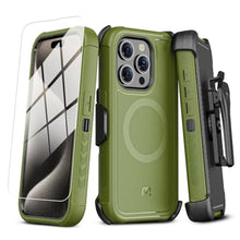 Load image into Gallery viewer, M MYBAT PRO Maverick Series for iPhone 15 Pro Max Case with Belt Clip Holster,[Compatible with Magsafe] w/Screen Protector, Anti-Drop,Shockproof,with 360Rotating Kickstand,Heavy Duty Protection, ArmyGreen_1
