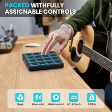 Load image into Gallery viewer, M-VAVE Wireless MIDI Controller Pads, 4.1 * 4.1 Inch, 0.28 LBS, Bluetooth Portable USB with 16 Drum, Note Repeat, Full Level Buttons, Rechargeable battery (Black Pocket), BlackPocket_412
