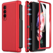 Load image into Gallery viewer, MAKAVO for Samsung Galaxy Z Fold 3 5G Case with Hinge Protection, S Pen Holder, Built-in Tempered Glass Screen Protector, Slim Fit 3D Non-Slip Texture 360 Degree Shockproof Phone Cover (Red), RedwithPenHolder_1
