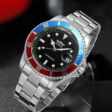 Load image into Gallery viewer, MASTOP Men Automatic Mechanical Watches Full Steel Waterproof Mens Watches with Calendar (Silver Black Blue), SilverBlackBlue_8128
