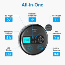 Load image into Gallery viewer, MEGATEK CP27BR Portable CD Player Bluetooth for Car with FM Transmitter, USB, AUX, LCD Display, Anti-Skip, Stereo Speakers, Headphones &amp; Rechargeable Battery Black_1373
