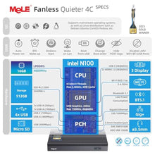 Load image into Gallery viewer, MeLE Mini PC Quieter 4C, N100 Fanless Mini PC 16GB RAM 512GB Storage, Black_3205
