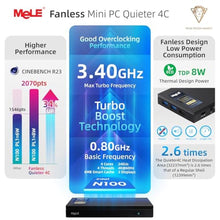 Load image into Gallery viewer, MeLE Mini PC Quieter 4C, N100 Fanless Mini PC 16GB RAM 512GB Storage, Black_3206
