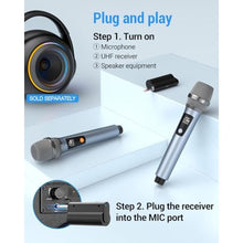 Load image into Gallery viewer, Meloace Rechargeable Wireless Microphone, Two Metal UHF Microphones with 1/4" Receiver, Plug-and-Play for Karaoke Singsing, Lecture, Stage Performance, PA System (Light Blue)_1472
