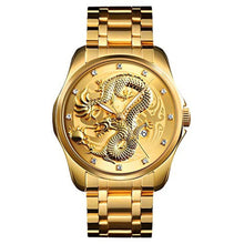 Load image into Gallery viewer, Men Luxury Gold Chinese Dragon Carved Dial Diamond Quartz Watch Casual Waterproof Sport Stainless Steel Wristwatch (Gold)_1
