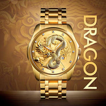 Load image into Gallery viewer, Men Luxury Gold Chinese Dragon Carved Dial Diamond Quartz Watch Casual Waterproof Sport Stainless Steel Wristwatch (Gold)_8026
