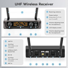 Load image into Gallery viewer, Metal Dual Wireless Microphone Systems, UHF Cordless Dynamic Karaoke Mic Handheld Set, Auto Connect - Long Transmission Range 200ft with Receiver for Home KTV, DJ Party, Church, Wedding, Speech., Gray_4597
