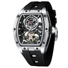 Load image into Gallery viewer, MF MINI FOCUS Unique Men Watches,Automatic Mechanical Watch,Luxury Hollow Tonneau Watches for Men with Stainless Steel Case and Silicon Band (Self-Wind Movement/5ATM Waterproof/Super_Luminous), SilverBlack_1
