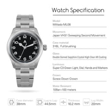 Load image into Gallery viewer, Militado ML08 38mm VH31 Field Watch, Sapphire, Black White, Steel, BlackDialwhitehandNoDateSteelBracelet_107
