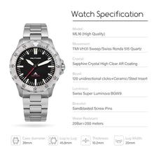 Load image into Gallery viewer, Militado ML16 39 mm Quartz Watches for Men - TMI VH31 Sweep &amp; 515 Movement Quartz Field Diver Watch, 20 Bar Waterproof Luxury Diving Sapphire Crystal BGW9 Super Luminous Wrist Watch, BlackSilverVH_2057
