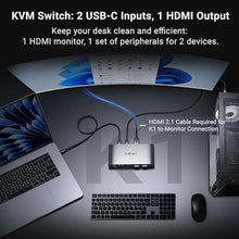 Load image into Gallery viewer, MINIX K1 USB C KVM Switch 1 Monitors 2 Computers, 4K@120Hz HDR, 100W PD 3.0, Dual USB-C Input KVM Switches, Share Keyboard &amp; Mouse, Aluminum Design, Compatible with Windows, Mac, Linux, Android, Gray_209
