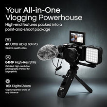 Load image into Gallery viewer, Minolta 64MP 4K60FPS VLOG Camera Kit Digital Autofocus Camcorder with Tripod, Remote, Mic, LED Light, 3-inch LCD Screen, Time-Lapse, Slow Motion, Wide Angle Lens, 32GB Card, USB, Black_567
