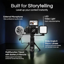 Load image into Gallery viewer, Minolta 64MP 4K60FPS VLOG Camera Kit Digital Autofocus Camcorder with Tripod, Remote, Mic, LED Light, 3-inch LCD Screen, Time-Lapse, Slow Motion, Wide Angle Lens, 32GB Card, USB, Black_569
