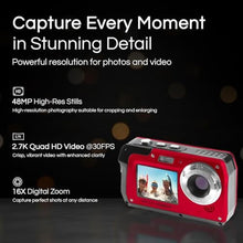 Load image into Gallery viewer, Minolta MN40WP 48MP Waterproof Digital Camera Dual LCD Screens, 2.7K QHD Video, 16x Digital Zoom, Anti-Shake, Face Detection, 10ft Waterproof (Red)_8641
