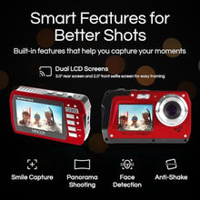 Load image into Gallery viewer, Minolta MN40WP 48MP Waterproof Digital Camera Dual LCD Screens, 2.7K QHD Video, 16x Digital Zoom, Anti-Shake, Face Detection, 10ft Waterproof (Red)_8642
