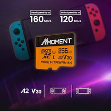 Load image into Gallery viewer, MMOMENT MicroSDXC Card, 256 GB A2 / V30 / U3 / Switch Compatible, SD Adapter Included (Up to 160 MB/s Read), orange_4804
