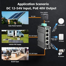 Load image into Gallery viewer, MokerLink 5 Port Gigabit Industrial Solar Battery UPS PoE Switch, Input DC9V-54V to Output DC48V, IEEE802.3af/at PoE, Mini Size, Unmanaged IP40 Network Switch (-40 to 185F), 10Gbps Capacity, black_161

