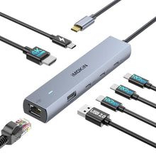 Load image into Gallery viewer, MOKiN 10Gbps USB C Hub Ethernet, 7 in 1 USB C Adapter for MacBook Pro/Air with 4K@60HZ HDMI, 3*USB-C 10Gbps Data, RJ45, USB 2.0, 100W PD, USB C Dongle for MacBook Pro/Air/Dell/HP/Thinkpad/Lenovo., Gray_1
