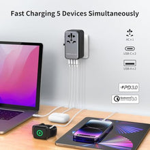 Load image into Gallery viewer, MOMAX 100W Universal Travel Adapter, 5-in-1 GaN International Power Adapter for Laptop, Phone, 2 USB-C PD &amp; 2 USB-A QC Wall Charger, European Travel Plug Adapter for UK/US/AUS/JP, Travel Essentials, black_7890
