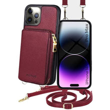Load image into Gallery viewer, MOTIVE for iPhone 14 Pro Max Wallet Case Designed in New York, Crossbody Phone Case for Apple iPhone 14 Zipper Purse Case Wallet with RFID Blocking Card Holder | 6.7" Red Wine - Fancy Series, WineRed_1
