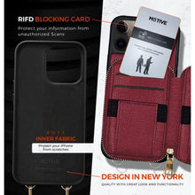 Load image into Gallery viewer, MOTIVE for iPhone 14 Pro Max Wallet Case Designed in New York, Crossbody Phone Case for Apple iPhone 14 Zipper Purse Case Wallet with RFID Blocking Card Holder | 6.7" Red Wine - Fancy Series_1405
