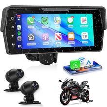 Load image into Gallery viewer, Motorcycle Front+Rear Dash Cam,6.86 inch IPS 1280x480P Touch Screen,1080P Motorcycle Camera DVR,Wireless Carplay&amp;Android Auto,GPS,IP67 Waterproof,120Wide,Bluetooth5.0,TF,PhoneLink for Motorbike, black_1
