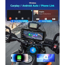 Load image into Gallery viewer, Motorcycle Front+Rear Dash Cam,6.86 inch IPS 1280x480P Touch Screen,1080P Motorcycle Camera DVR,Wireless Carplay&amp;Android Auto,GPS,IP67 Waterproof,120Wide,Bluetooth5.0,TF,PhoneLink for Motorbike, black_380
