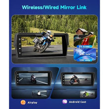 Load image into Gallery viewer, Motorcycle Front+Rear Dash Cam,6.86 inch IPS 1280x480P Touch Screen,1080P Motorcycle Camera DVR,Wireless Carplay&amp;Android Auto,GPS,IP67 Waterproof,120Wide,Bluetooth5.0,TF,PhoneLink for Motorbike, black_383
