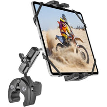 Load image into Gallery viewer, Motorcycle Tablet Mount Holder - [Security iPad Strap] Bike Tablet Holder Handlebar Clamp, ATV UTV Bicycle Scooter Tablets Clip, for iPad Pro, Air, Mini, Galaxy Tabs, Z Fold, iPhone, 4.7-13" Devices, Black_1
