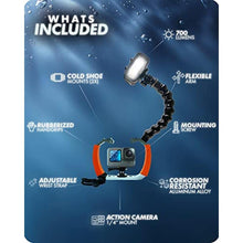 Load image into Gallery viewer, Movo DiveRig8 Underwater Video/Photo Diving Rig for Scuba and Snorkeling - Compact Action Camera Cage Dive Rig, Waterproof Light with Flexible Arm Mount - Compatible with GoPro, DJI Osmo, Insta360, Orange_8436
