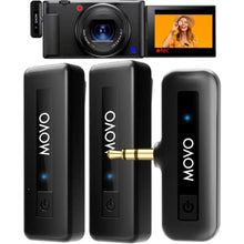 Load image into Gallery viewer, Movo Mini-Duo Wireless Microphones for Cameras, Wireless Camera Mini Mic - 3.5mm Lapel Microhone for Sony, Canon, and Nikon DSLR - 2.4Ghz Transmitter_1
