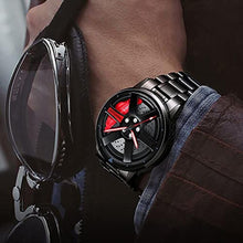 Load image into Gallery viewer, NANOLEAF Watch for Men with Quartz Movement Spinning Car Wheel Rim Hub Stainless Steel Luminous Pointer Waterproof Sport Casual Wristwatch, Steet Black Red, Car Wheel Watch, SteetBlackRed_7839
