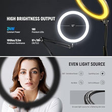 Load image into Gallery viewer, NEEWER 12" 24W High Power LED Ring Light Compatible with iPhone, 60" Overhead Folding Light Stand/Phone Holder Mount for Video Recording Selfie Makeup Streaming,2900-7000K USB C PD Input CRI97+,RH12B_507
