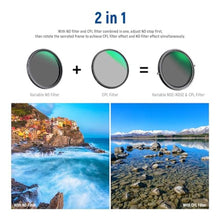 Load image into Gallery viewer, NEEWER 2 in 1 82mm Variable ND Filter ND2ND32&amp;CPL Filter (Circular Polarizer) No X Cross/30 Layer Nano Coated/HD Optical Glass/Ultra Slim Aluminum Alloy Frame/Water Resistant/Scratch Resistant_7680
