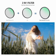 Load image into Gallery viewer, NEEWER 2 in 1 CPL + Black Diffusion 1/4 Filter for Mist Cinematic Effect, Multicoated Circular Polarizing Soft Dreamy Camera Lens Effect Filter with Slim Frame, 82mm_493
