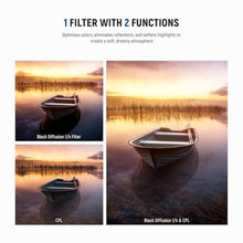 Load image into Gallery viewer, NEEWER 2 in 1 CPL + Black Diffusion 1/4 Filter for Mist Cinematic Effect, Multicoated Circular Polarizing Soft Dreamy Camera Lens Effect Filter with Slim Frame, 82mm_494
