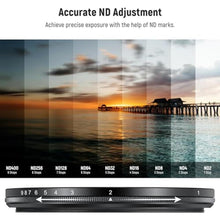Load image into Gallery viewer, NEEWER 52mm ND2-400 (1-9 Stops) Variable ND Filter with Lens Cap, Lanyard, Cleaning Cloth, Precise Neutral Density Adjustment, Fingerprint &amp; Scratch Resistant Multicoated Optical Glass_5273
