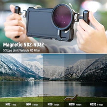 Load image into Gallery viewer, NEEWER 67mm Magnetic Variable ND2-32 Filter (1-5 Stop) Set for Phone Lens, with M Mount Adapter Ring for NEEWER Phone Cage with M Lens Mount Backplane Compatible with Samsung Galaxy S23 S22 Ultra_1289
