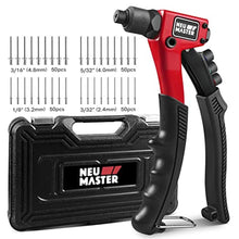 Load image into Gallery viewer, NEU MASTER Rivet Gun with 200 Rivets, Heavy Duty Manual Rivet Gun Kit, 4 Tool-free Interchangeable Heads with Carrying Case, One-hand Pop Riveter for Metal, Plastic, Leather &amp; DIY, BlackRed_1
