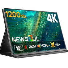 Load image into Gallery viewer, Newsoul 4K Portable Monitor 1200Nits Ultra Bright 16'' Laptop Monitor 145% sRGB 2000:1 Contrast Matte Screen with USB-C HDMI VESA, Slim External Screen with Protective Case for PC/Phone/Game Console, Black_1
