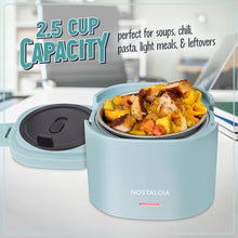 Load image into Gallery viewer, Nostalgia Portable 20-Ounce Electric Heated Lunch Box Travel Size 2.5 Cup Capacity for Soup, Chili, and Leftovers Leak Proof Silicone Sealed Lid, Foldable Carry Handle, Detachable Cord Chambray_640

