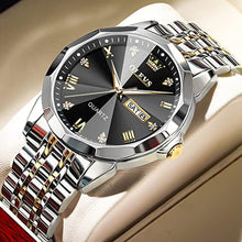 Load image into Gallery viewer, OLEVS Black Watches for Men Diamond Business Dress Analog Quartz Stainless Steel Date Two Tone Luxury Casual Fashion Wrist Watch Waterproof Luminous Gold_2503
