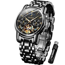 Load image into Gallery viewer, OLEVS Mens Automatic Watches Skeleton Tourbillon Mechanical Self Winding Luxury Dress Wrist Watch Moon Phase Waterproof Luminous Watch Gifts, blackstrapblackdial_1
