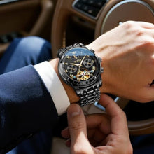 Load image into Gallery viewer, OLEVS Mens Automatic Watches Skeleton Tourbillon Mechanical Self Winding Luxury Dress Wrist Watch Moon Phase Waterproof Luminous Watch Gifts, blackstrapblackdial_1225
