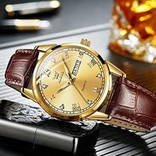 Load image into Gallery viewer, OLEVS Mens Gold Watches Leather,Day Date Watches for Men,Brown Leather Men Watch,Waterproof Watch Ma n Dress Men's Analog Roman Numeral Luminous, Browngoldshellgoldface_2861
