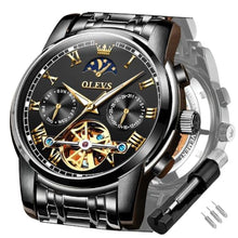 Load image into Gallery viewer, OLEVS Mens Watch Automatic Mechanical Tourbillon Self Winding Black Watch Luxury Stainless Steel Date Calendar Week Waterproof Luminous Wrist Watch, BlackstrapBlackface_1
